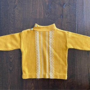 Vintage 1950s Yellow Knit Baby Boy Sweater with White Diamond Pattern and Stripe